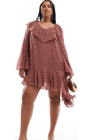 ASOS ASOS DESIGN Curve v neck asymmetric hem dobby mini dress in rose