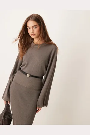 Gina Tricot Co-ord metallic fine knit sweater with wide sleeves in dark beige