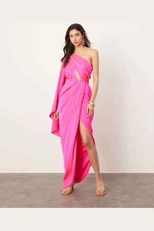 ASOS Satin one shoulder flare sleeve maxi dress with ruched waist detail in