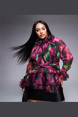 ASOS Curve organza long sleeve exaggerated ruffle top in blurred floral
