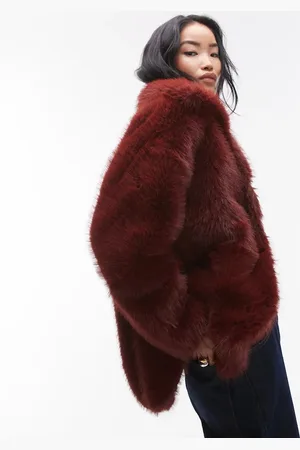 Topshop Faux fur funnel midi coat in burgundy