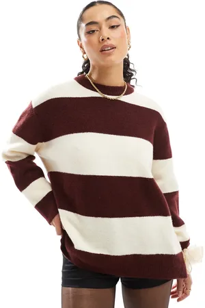 Stradivarius Soft touch round neck jumper in burgundy stripe