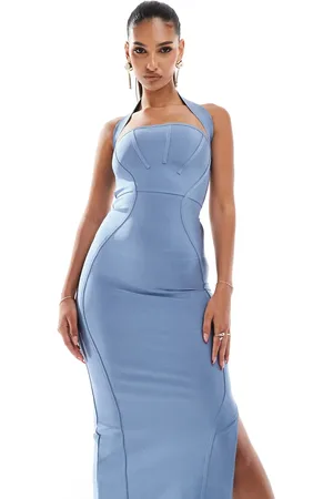 ASOS Bandage bandeau midi dress with halter detail in steel blue