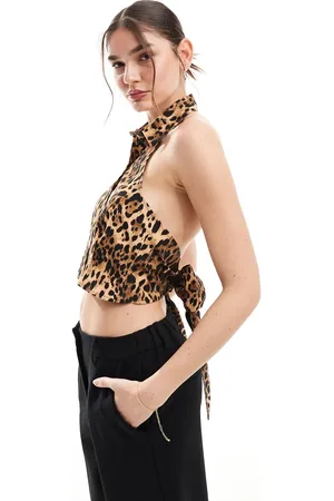 Miss Selfridge Poplin sleeveless bow back shirt in animal print