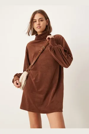 ASOS Chunky cord roll neck slouchy mini dress in chocolate