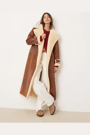 Miss Selfridge Borg contrast belted maxi wrap coat in tan