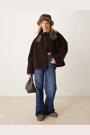 Gina Tricot Oversized reversible borg jacket with high funnel neck in dark with edging
