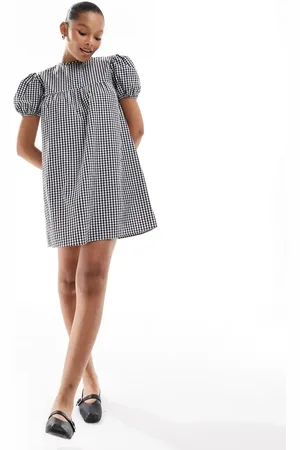 ASOS Babydoll smock dress with puff sleeve in black gingham