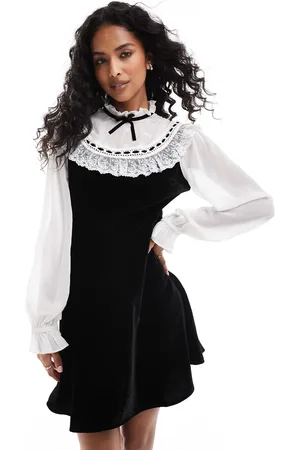 Miss Selfridge Embroidered chiffon and velvet mini dress in black and white