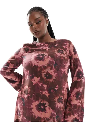 ASOS ASOS DESIGN Curve viscose slash neck midi dress with v-back detail in red blurred floral print