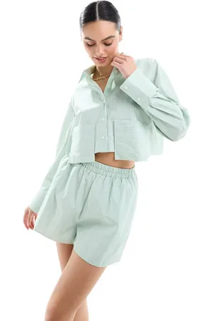 Miss Selfridge Poplin cropped dropped pocket shirt in sage stripe co ord