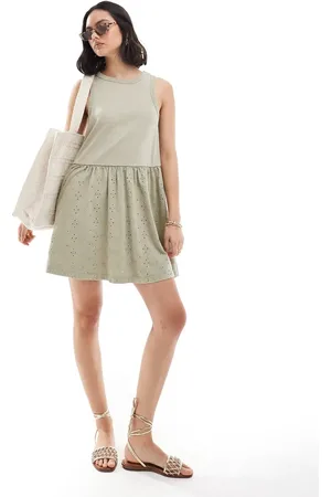 ASOS Ribbed tank mini dress with broderie skirt in sage