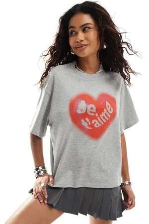 Monki Relaxed fit t-shirt with love heart graphic print in melange