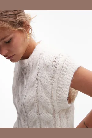 Topshop Knitted crew cable vest in ivory