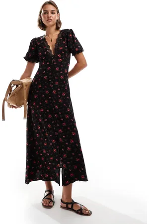 Miss Selfridge Lace trim button through maxi dress in rose print