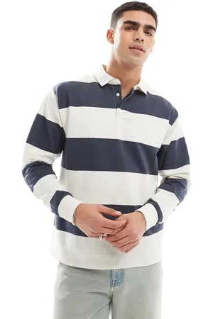 New Look Oversized stripe rugby polo shirt in navy and