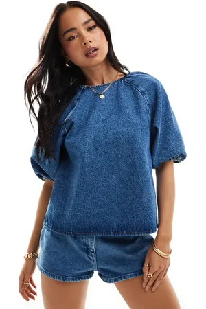 ASOS Denim raglan puff sleeve top in mid
