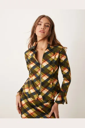 Glamorous Structured fitted shirt in khaki tartan co-ord
