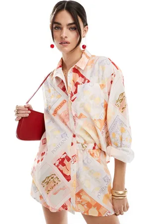 Miss Selfridge Linen blend oversized shirt in postcard print