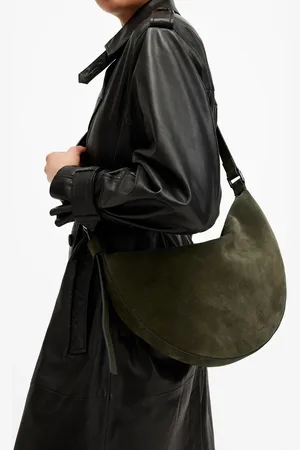 AllSaints Half Moon suede large crossbody bag in khaki