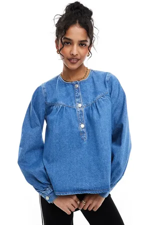 ASOS Denim collarless top in mid blue