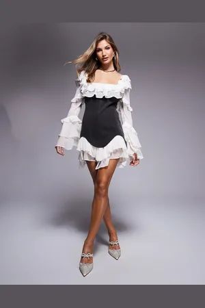 ASOS Denim corset mini dress with chiffon sleeves and hem in