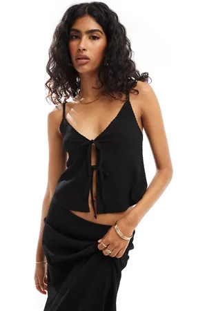 Miss Selfridge Textured strappy tie front cami top in