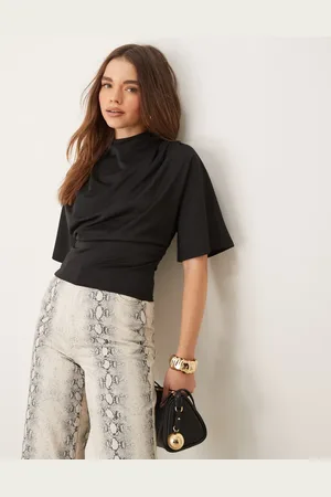 Gina Tricot Short sleeve drape boat neck top with elbow sleeves in