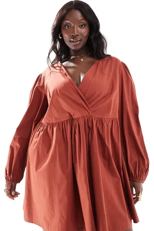 ASOS ASOS DESIGN Curve cotton v-neck mini smock dress in rust