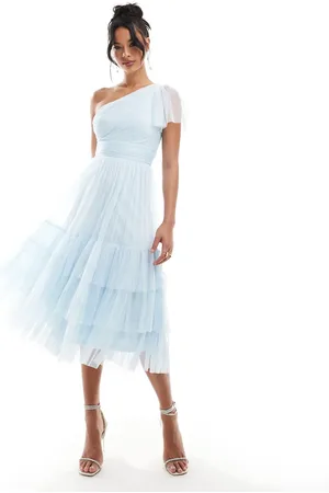 Lace & Beads Bridesmaid Madison one shoulder tulle midi dress in sky