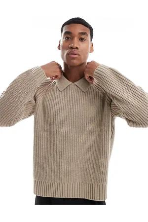 ASOS Oversized boxy fit heavyweight knitted wool mix cable jumper with collar in taupe