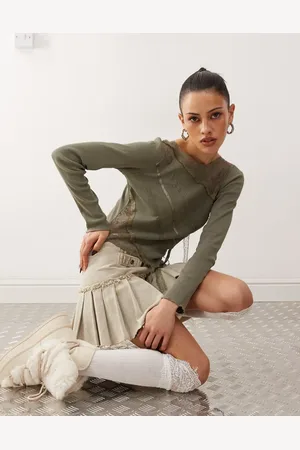 Reclaimed Long sleeve lace patchwork top in olive
