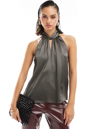Pieces® Satin high neck key hole detail top in