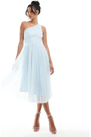 Lace & Beads Bridesmaid one shoulder tulle midi dress in sky