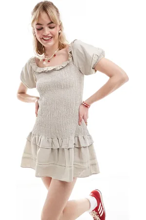 Glamorous Shirred ruffle mini dress in stone