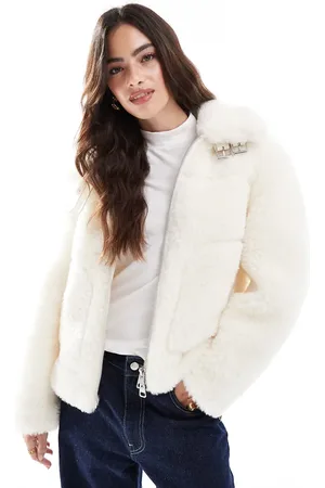 Stradivarius Borg biker jacket in ecru