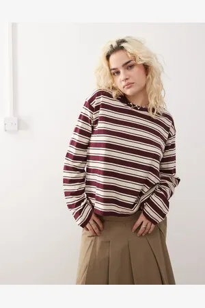 Monki Long sleeve top in burgandy stripe