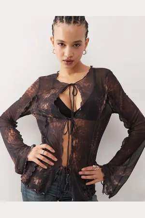 Weekday Elysia mesh tie front long sleeve top in and burgundy texture print