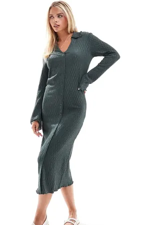 VILA Textured button front open collar midi dress in