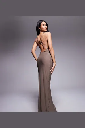 Fashionkilla Exclusive slinky double sculpted strappy cowl neck cross back metal ring detail slinky double sculpted maxi dress in taupe
