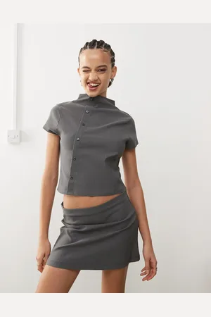 COLLUSION Asymmetric button through high neck stripe fitted top