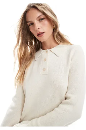 ASOS Knitted polo top with notch collar in ecru