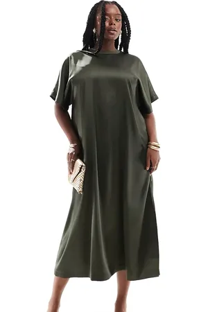ASOS ASOS DESIGN Curve satin oversized midi tshirt dress in khaki