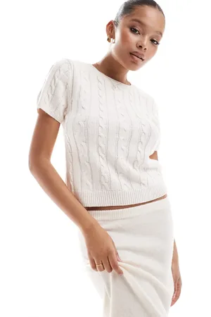 Stradivarius Short sleeve knitted top in ecru