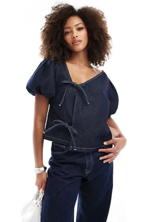 ASOS Denim asymmetric tie side top in mid