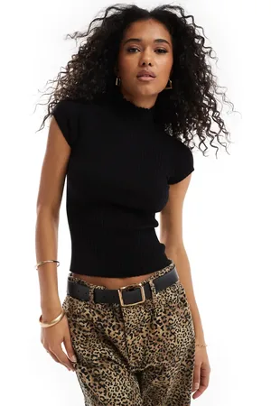 Stradivarius High neck short sleeve knitted top in