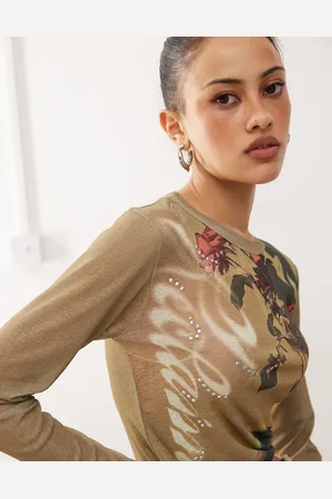 Reclaimed Long sleeve slash neck mesh top with photographic rose print in khaki