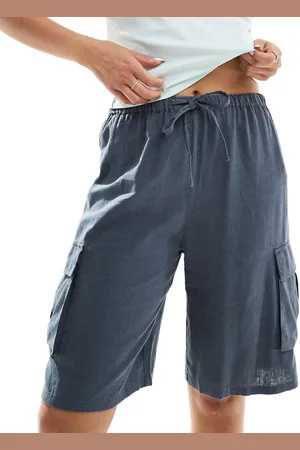 Pull&Bear Linen look longline cargo short in charcoal grey