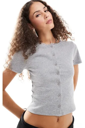 Reclaimed Button up rib knit top with lace trim in grey