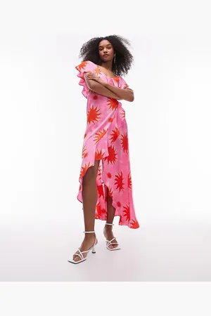 Topshop Frill wrap maxi dress in and red splodge print
